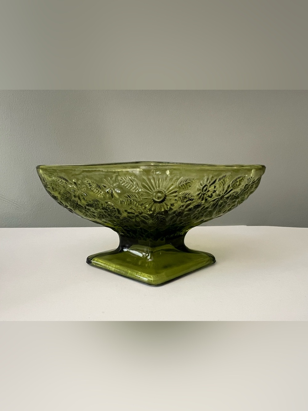 Vintage Indiana Glass Diamond Shaped Avacodo Green Floral Footed Candy Bowl Dish